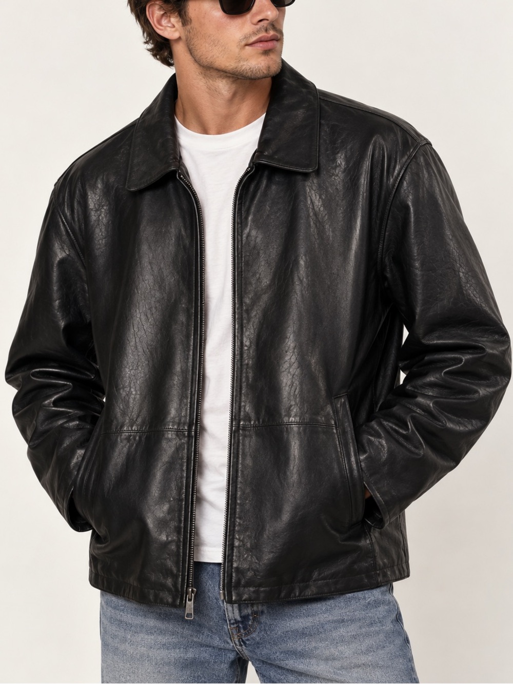 Vintage Brizio Designs Mens Black Italian Leather Zip Front Jacket Large